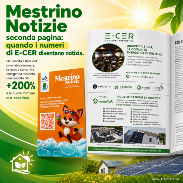 Membri della comunità energetica E-CER Mestrino mostrano il giornale comunale con la crescita del +200% insieme al team e-casaitalia.