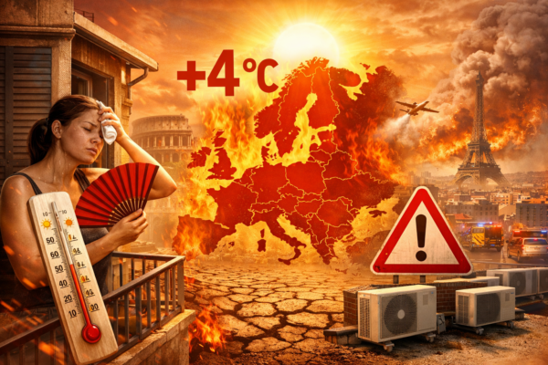 Rappresentazione concettuale della grave ondata di calore in Europa con mappa del continente in fiamme, una donna accaldata e un termometro.