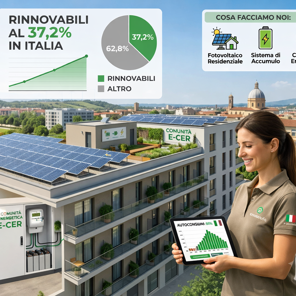 Homepage - 157 Infografica Sul Passaggio Alle Rinnovabili In Italia Con Grafico Al 37,2% E Soluzioni Per La Transizione Energetica Della Casa: Fotovoltaico Residenziale, Sistemi Di Accumulo E Comunità Energetica E-Cer Di E-Casaitalia.