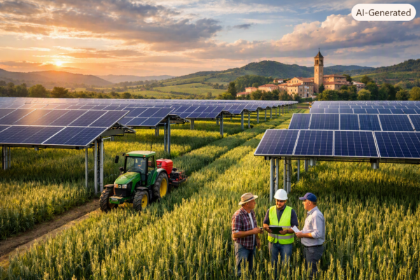 Impianto agrivoltaico e vincoli paesaggistici: esempio pratico di integrazione tra pannelli solari elevati e coltivazione di grano in un paesaggio rurale italiano collinare. L'immagine mostra come la tecnologia preservi l'agricoltura e l'estetica del territorio