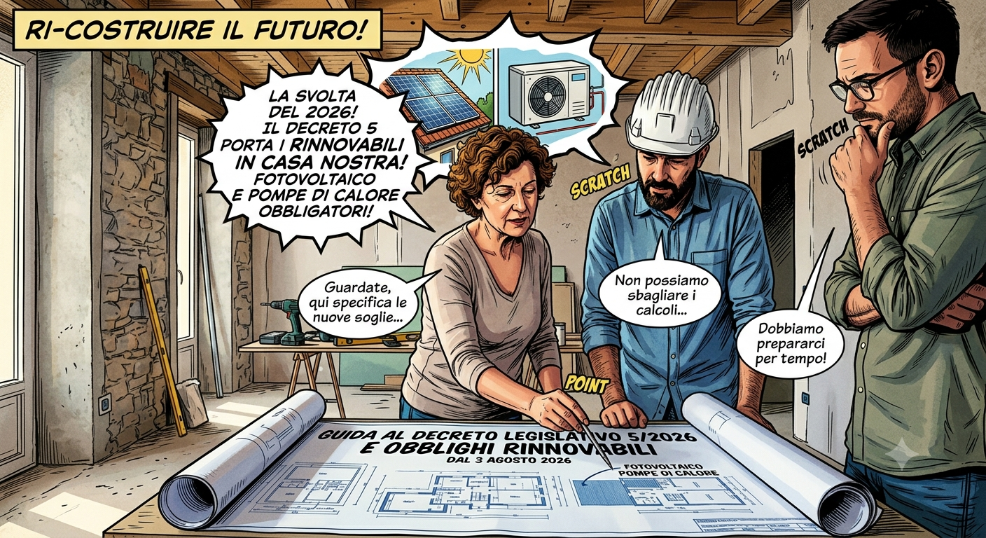 Homepage - 157 Illustrazione In Stile Fumetto Di Un Team Di Architetti E Ingegneri Che Discutono L'Integrazione Di Pannelli Fotovoltaici E Pompe Di Calore. L'Immagine Evidenzia Il Testo Sulla Planimetria Relativo Alla Ristrutturazione Casa Obbligo Rinnovabili Secondo Il Decreto Legislativo 5/2026 Dal 3 Agosto 2026.
