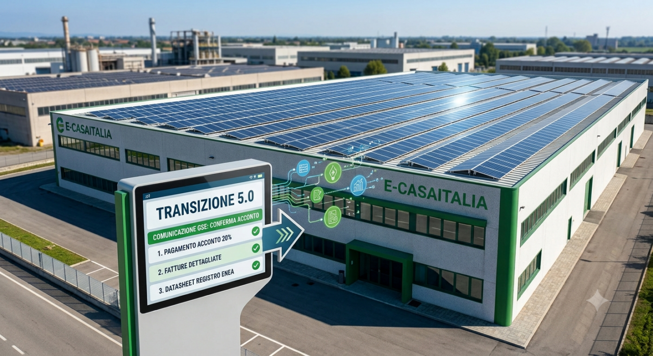 Transizione 5. 0: come confermare l'acconto gse senza perdere l'incentivo - 1 Stabilimento Aziendale E-Casaitalia Con Impianto Fotovoltaico Sul Tetto E Totem Digitale Che Illustra La Procedura Di Conferma Acconto Transizione 5.0 Sul Portale Gse