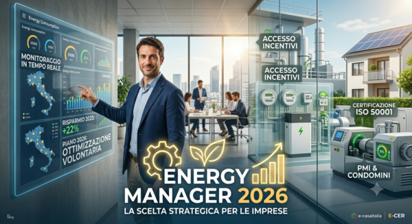 Un Energy Manager in ufficio mostra un pannello digitale con i dati sui consumi e ottimizzazione energetica 2026. Sullo sfondo, impianti fotovoltaici e loghi di e-casaitalia ed E-CER.