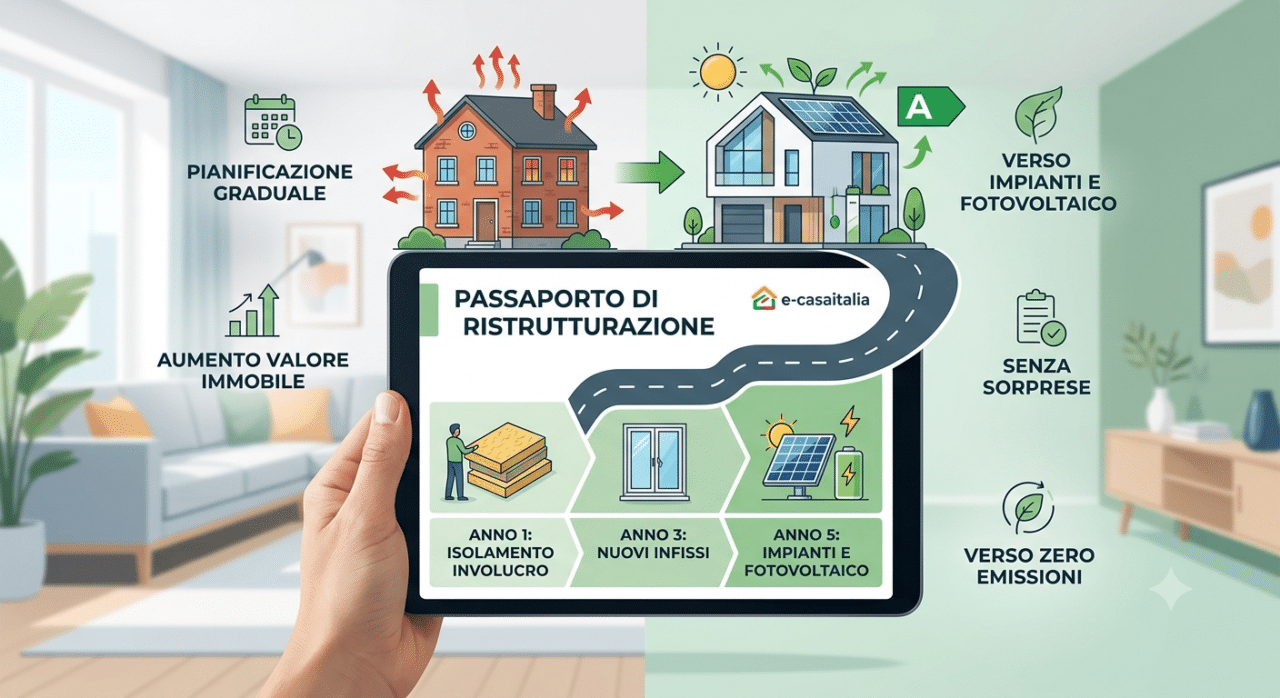 Infografica Sul &Quot;Passaporto Di Ristrutturazione&Quot; Di E-Casaitalia. Un Tablet Mostra Un Piano A Tappe Per La Riqualificazione Energetica Della Casa: Isolamento Involucro, Nuovi Infissi, Impianti E Fotovoltaico. Sopra, Il Confronto Tra Una Casa Inefficiente E Una Casa Moderna In Classe A Con Energia Solare. Ai Lati, Icone Che Illustrano Benefici Come Pianificazione Graduale, Aumento Del Valore Dell'Immobile E Zero Emissioni