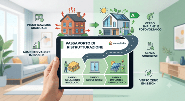 Infografica sul "Passaporto di Ristrutturazione" di e-casaitalia. Un tablet mostra un piano a tappe per la riqualificazione energetica della casa: isolamento involucro, nuovi infissi, impianti e fotovoltaico. Sopra, il confronto tra una casa inefficiente e una casa moderna in classe A con energia solare. Ai lati, icone che illustrano benefici come pianificazione graduale, aumento del valore dell'immobile e zero emissioni