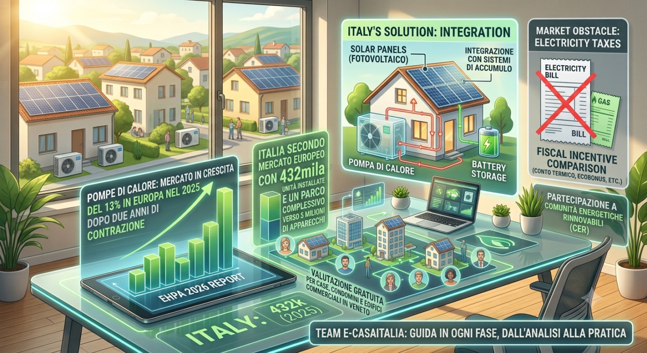 Pompe di calore: mercato in crescita del 13% in europa. Come conviene installarle in italia? - 1 Infografica Di E-Casaitalia Sul Mercato Delle Pompe Di Calore In Italia Ed Europa Nel 2026. Un Grafico Mostra La Crescita Del 13% Nel 2025 Basata Sul Report Ehpa, Evidenziando L'Italia Come Secondo Mercato Europeo Con 432Mila Unità Installate. Al Centro, Uno Schema Tecnico Illustra L'Integrazione Efficiente Tra Pompa Di Calore, Impianto Fotovoltaico Con Moduli Solari Sul Tetto, Sistema Di Accumulo A Batteria E Adesione Alle Comunità Energetiche Rinnovabili (Cer) Per Azzerare L'Impatto Delle Tasse Sull'Elettricità In Bolletta.