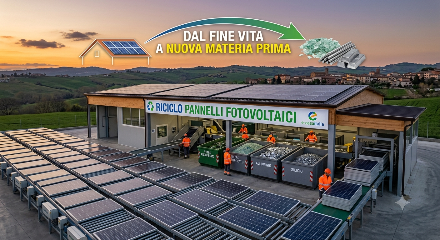 Homepage - 159 Una Veduta Aerea Di Un Impianto Di Riciclo Per Pannelli Fotovoltaici (Solar Panel Recycling Facility) A Cielo Aperto, Situato Tra Le Colline Italiane Al Tramonto. In Primo Piano, Lunghe Pile Di Vecchi Pannelli Solari Passano Su Nastri Trasportatori. L'Impianto Centrale, Un Capannone Moderno Con Il Tetto Coperto Da Pannelli Solari, Ha Un'Insegna Prominente Che Recita: 'Riciclo Pannelli Fotovoltaici' In Verde, Con Il Logo Di 'E-Casaitalia'. All'Interno E Intorno All'Impianto, Diversi Operai Con Uniformi Arancioni Ad Alta Visibilità Lavorano Smistando E Caricando I Pannelli. Una Serie Di Cassoni Sono Posizionati Di Fronte All'Impianto, Etichettati Con Precisione Per I Materiali Recuperati: (Da Sinistra A Destra) 'Vetro', 'Alluminio', 'Silicio', E (All'Estremità Destra) 'Metalli Misti', Ciascuno Pieno Dei Rispettivi Materiali Frantumati O Separati. Nel Cielo Al Tramonto, Un'Infografica Overlay Mostra L'Intero Ciclo: Un'Icona Di Una Casa Residenziale Con Pannelli Solari, Una Freccia Curva Verde Che Punta All'Impianto, E Un'Icona Di Una Pila Di Materie Prime Pulite (Vetro E Metallo), Con Il Testo Italiano: 'Dal Fine Vita A Nuova Materia Prima'. Lo Sfondo Mostra Le Colline Verdi Punteggiate Da Agriturismi E Un Borgo Antico Fortificato. La Luce È Calda E Dorata.
