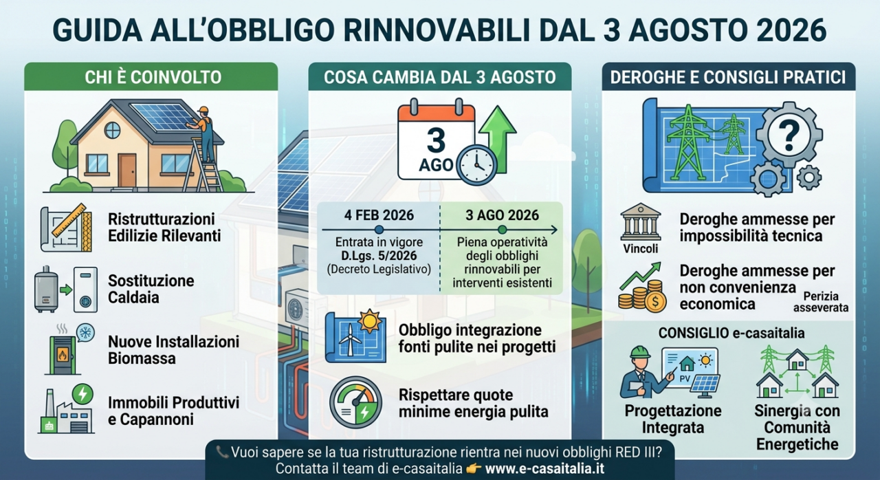 Red iii e obbligo rinnovabili dal 3 agosto: cosa devi sapere se ristrutturi casa - 1 Infografica Riassuntiva Sulla Guida All'Obbligo Rinnovabili Dal 3 Agosto 2026 (D.lgs. 5/2026). Illustra Chi È Soggetto Alla Norma, Le Scadenze Chiave, Le Deroghe Con Perizia Asseverata E Le Soluzioni Di Progettazione Integrata Di E-Casaitalia.