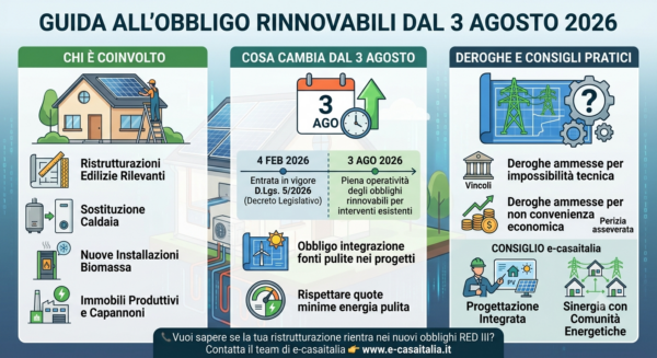 Infografica riassuntiva sulla guida all'obbligo rinnovabili dal 3 agosto 2026 (D.Lgs. 5/2026). Illustra chi è soggetto alla norma, le scadenze chiave, le deroghe con perizia asseverata e le soluzioni di progettazione integrata di e-casaitalia.