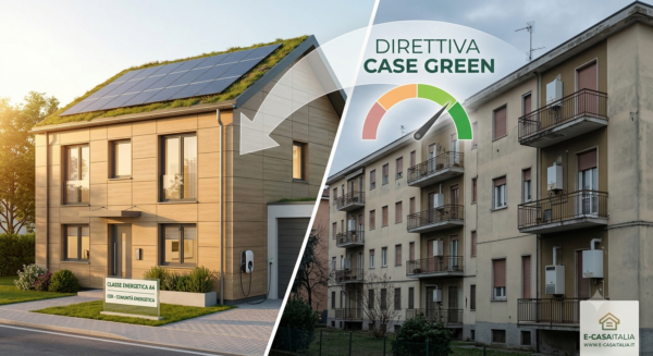 Confronto visivo per la Direttiva Case Green: un edificio riqualificato ad alta efficienza energetica con fotovoltaico e comunità energetica contro un condominio italiano non ristrutturato. L'infografica mostra il passaggio da una classe energetica bassa alla Classe A4.