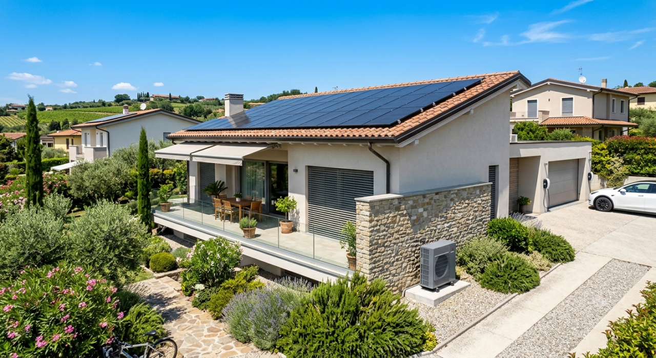 Fotovoltaico e condizionatore: come tagliare i prelievi fino al 68% e azzerare la bolletta estiva - 1 Casa Moderna Con Impianto Fotovoltaico E Condizionatore Installati Per Il Risparmio Energetico Estivo.
