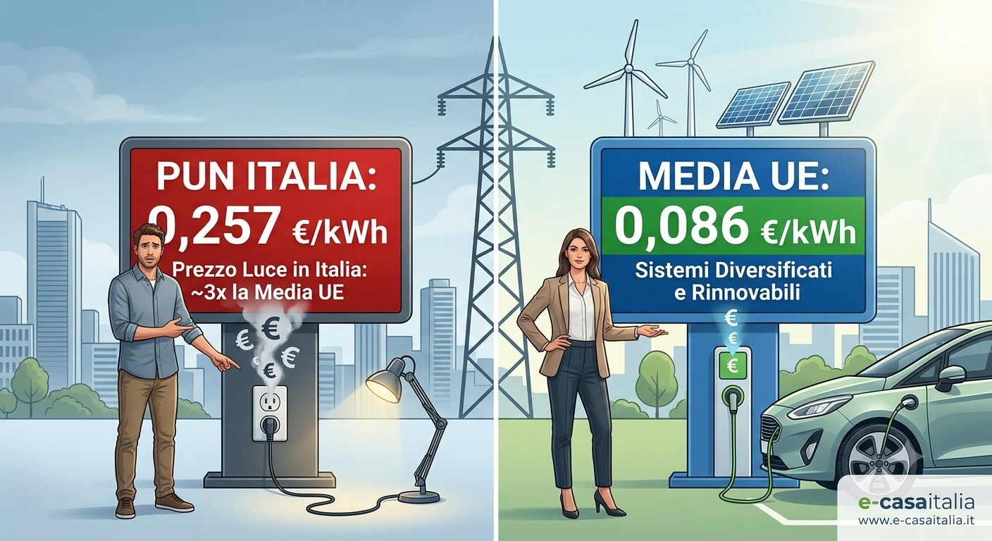 Grafica comparativa divisa in due sezioni per illustrare la differenza dei costi energetici. A sinistra, su uno sfondo urbano grigio, un uomo preoccupato indica un grande cartello rosso con la scritta "PUN ITALIA: 0,257 €/kWh – Prezzo Luce in Italia: ~3x la Media UE", vicino a una presa elettrica che fuma. A destra, in un contesto luminoso e sostenibile con pale eoliche e pannelli solari fotovoltaici rivolti verso l'esterno, una professionista sorridente presenta un cartello blu e verde con la scritta "MEDIA UE: 0,086 €/kWh – Sistemi Diversificati e Rinnovabili", accanto a un'auto elettrica in carica. In basso a destra è presente il logo aziendale e-casaitalia.