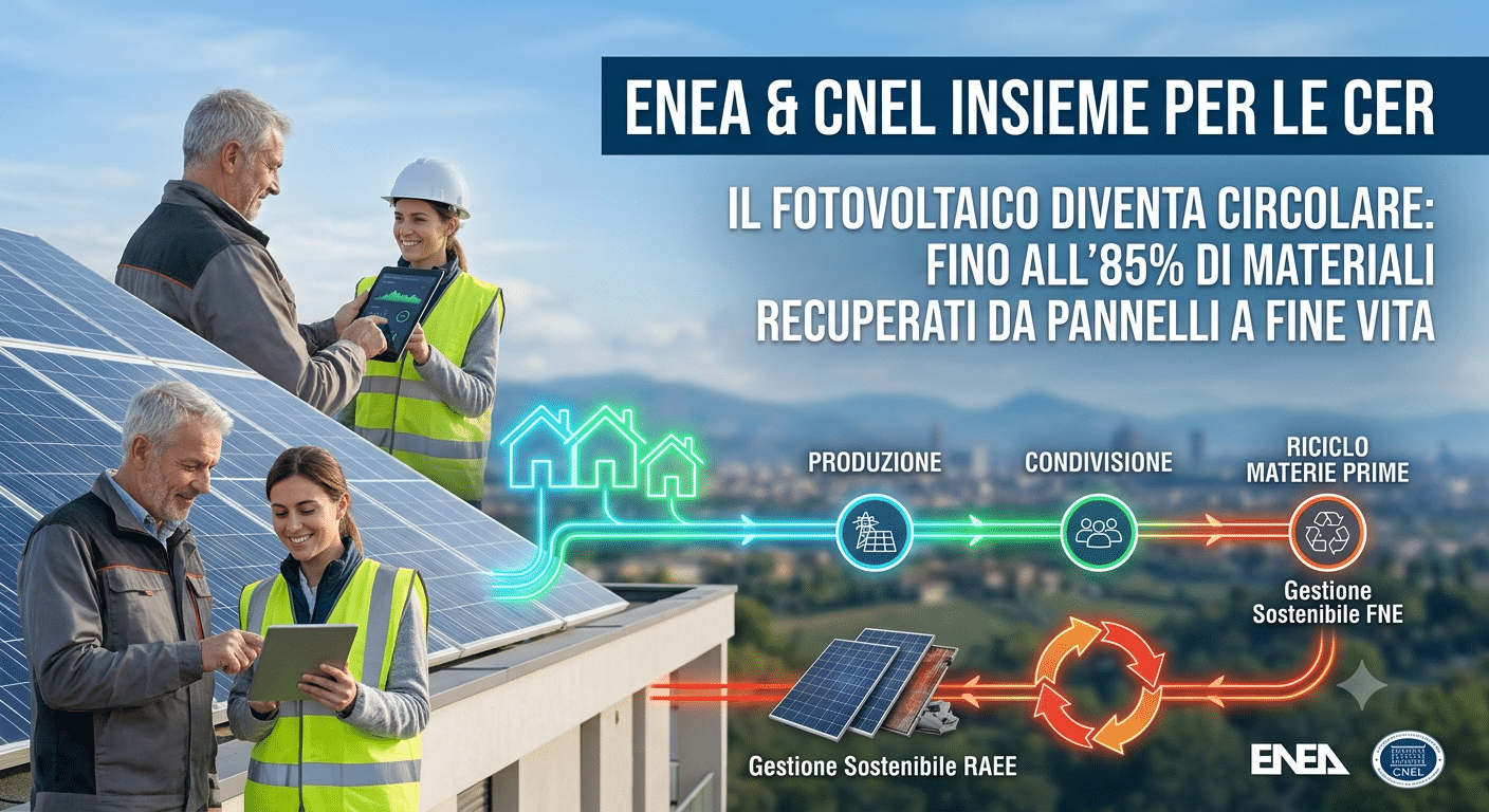 Infografica Enea Cnel Cer: E Il Recupero Fino All'85% Dei Materiali Dai Pannelli Fotovoltaici A Fine Vita. Mostra Ingegneri, Un Diagramma Di Condivisione Dell'Energia E Simboli Di Riciclo Raee
