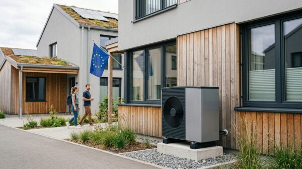 Pompa di calore esterna installata su casa green con pannelli solari - incentivi pompe di calore 2026