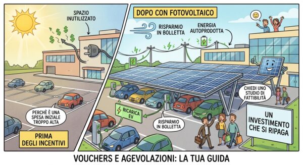 Vignetta illustrata prima e dopo l'installazione di parcheggi fotovoltaici con pensiline solari e stazioni di ricarica per veicoli elettrici.