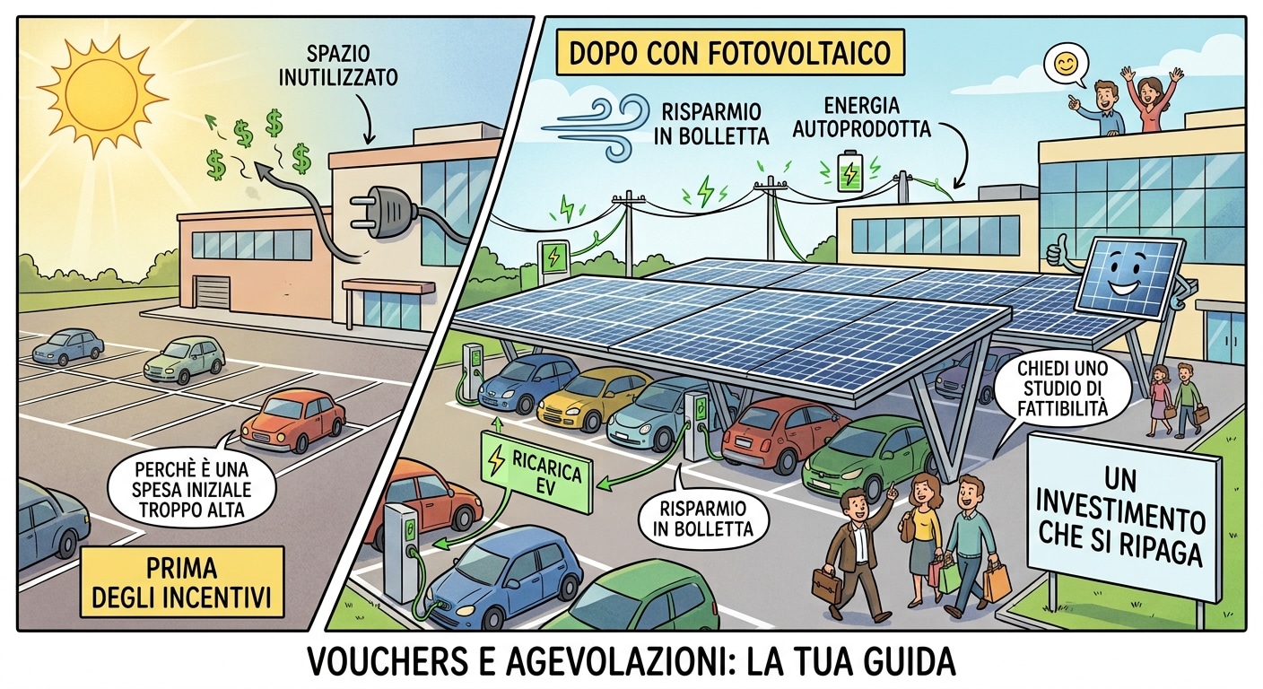 Homepage - 163 Vignetta Illustrata Prima E Dopo L'Installazione Di Parcheggi Fotovoltaici Con Pensiline Solari E Stazioni Di Ricarica Per Veicoli Elettrici.