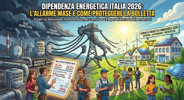 Dipendenza energetica Italia 2025: confronto tra import di gas al 75% e soluzioni rinnovabili come fotovoltaico e comunità energetica