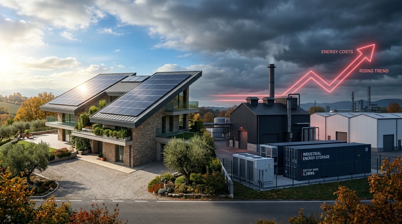 Casa Con Pannelli Solari, Fabbrica Con Batterie Di Accumulo E Grafico Dei Costi Energetici In Crescita Per Bollette In Aumento A Settembre 2026