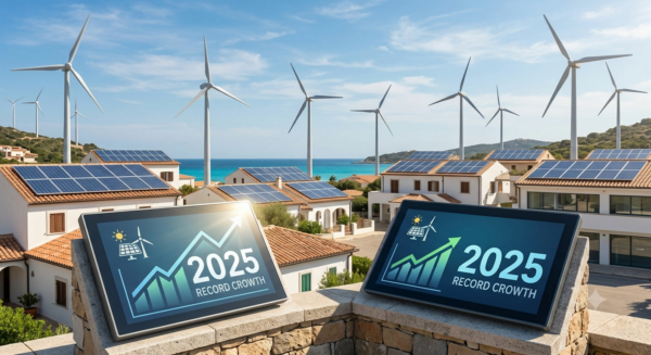 Impianti di fotovoltaico ed eolico in un borgo costiero mediterraneo, con pannelli solari sui tetti e turbine sullo sfondo. In primo piano, uno schermo digitale mostra un grafico di crescita per il 2025 con la scritta "CRESCITA RECORD