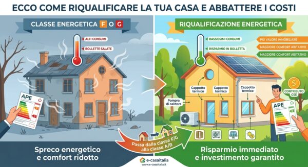 Confronto tra casa in classe energetica F/G e casa riqualificata in classe A/B con cappotto termico, pompa di calore e fotovoltaico