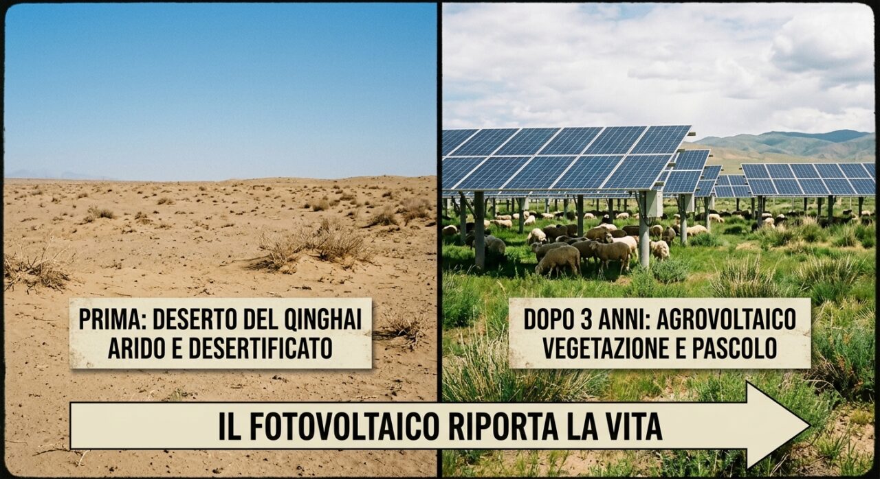 Agrivoltaico: la sorprendente lezione del deserto cinese diventato verde in 3 anni - 1 Pannelli Solari E Agrivoltaico Nel Deserto Cinese Del Qinghai Diventato Verde