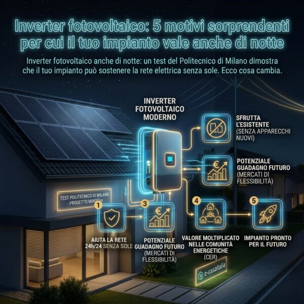 Inverter fotovoltaico installato su un impianto solare che sostiene la rete elettrica anche di notte