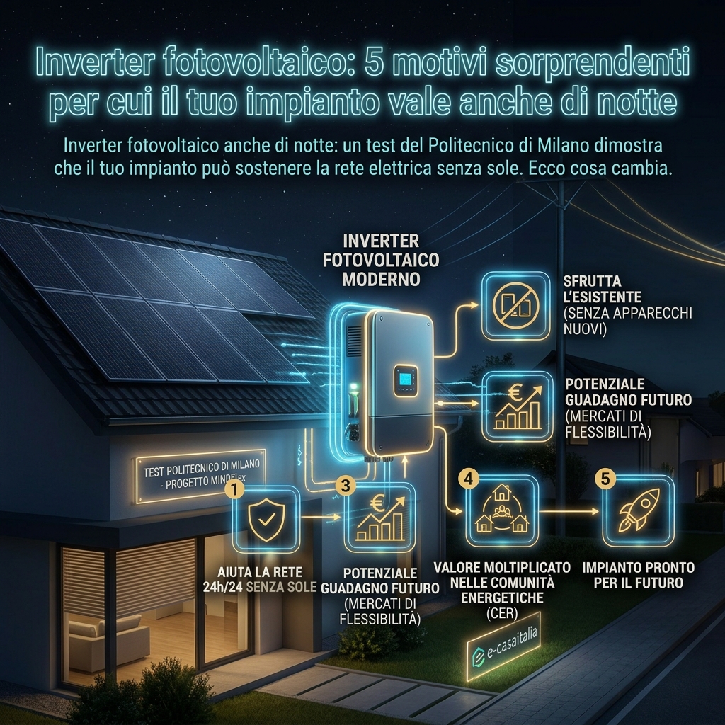 Inverter fotovoltaico installato su un impianto solare che sostiene la rete elettrica anche di notte