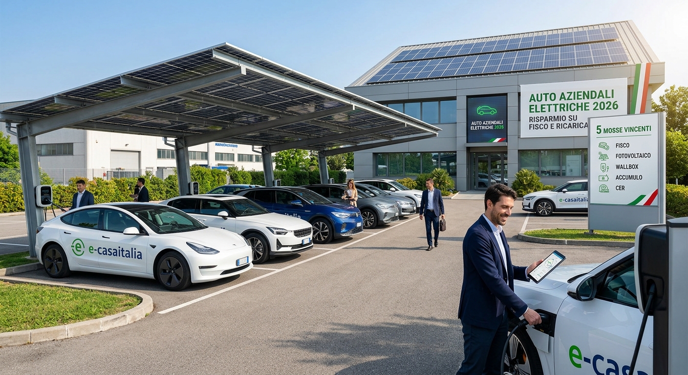 Auto aziendali elettriche in ricarica con wallbox e impianto fotovoltaico aziendale